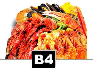 B4 – 1 Snow Crab legs, 6 Shrimp or 12 Crawfish | 10 Mussels or 1 Sausage